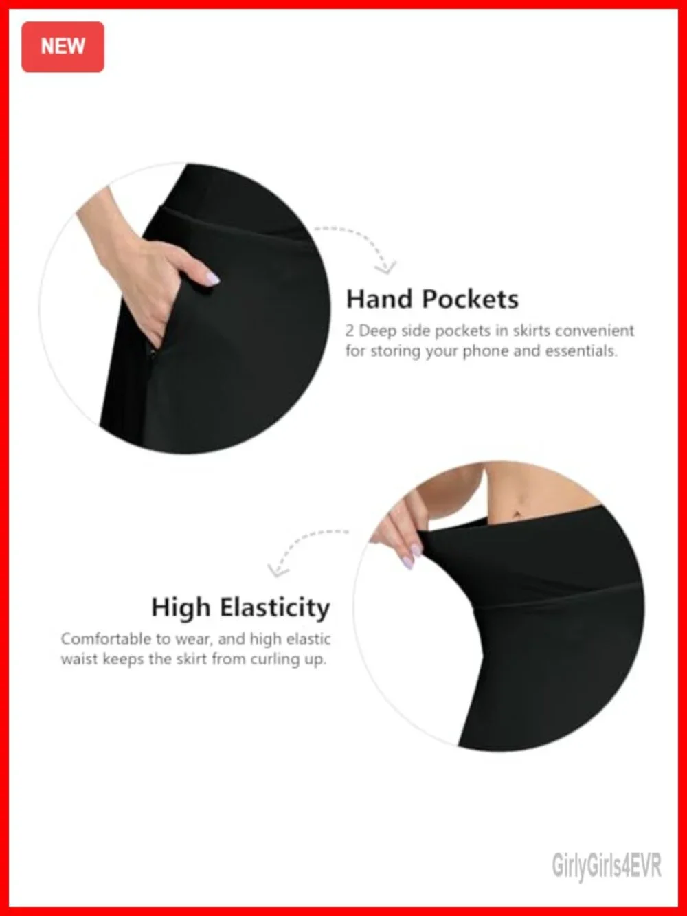 Women's Midi Skort with Built-in Shorts, Hidden Drawstring, Zippered Pockets,